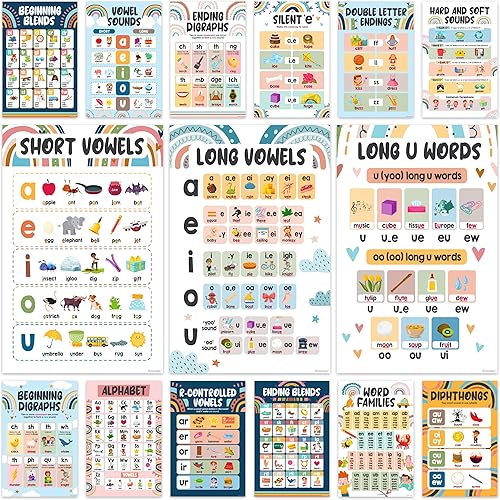 Decorably 15 pósteres de fonética boho arcoíris para aula, 11 x 17 pulgadas, laminado mate, educativo, bohemio, sonido, decoración fonética para aula