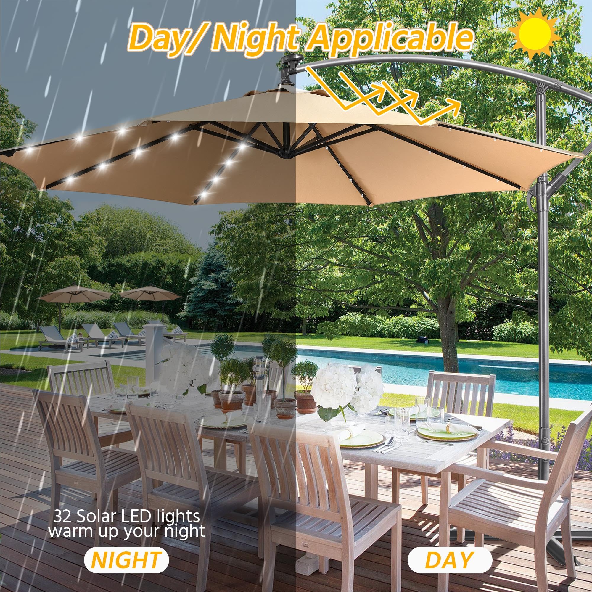 Yaheetech 10FT Solar Offset Umbrella with 32 LED Lights Cantilever Hanging Outdoor Umbrellas Handy Crank & Cross Base for Lawn/Deck/Backyard/Pool Tan