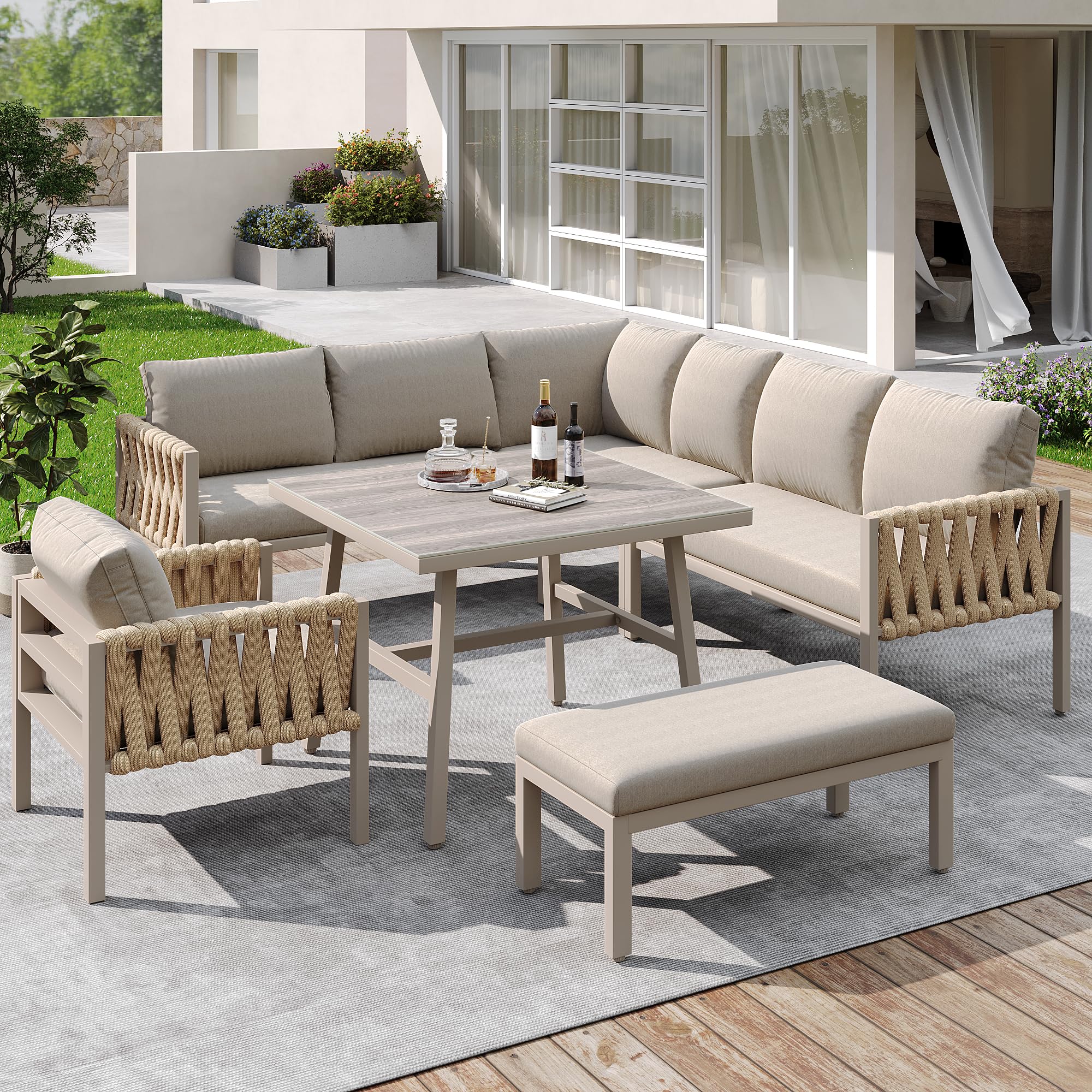 Salon de Jardin Extérieur 6/8 Personnes, Canapé d'angle et Fauteuils en Corde Ensemble de Table et Chaise de Jardin avec 2 Canapés Longs, 1 Canapé Simple et 1 Table en Fer Galvanisé (Beige)
