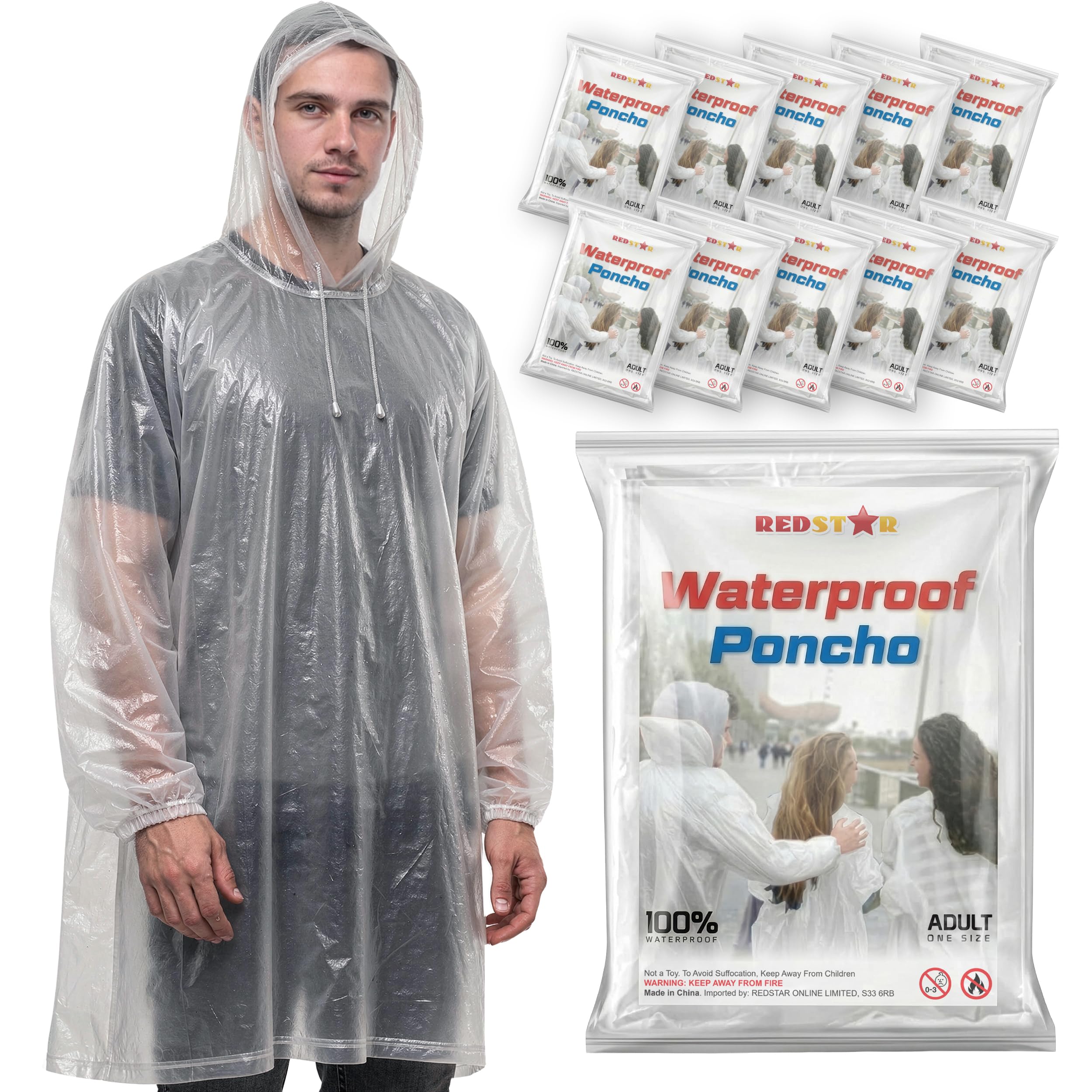 REDSTAR Clear Rain Ponchos for Adults - Disposable Clear Rain Poncho Adult Waterproof Pac a Mac for Women and Men - Adults Waterproof Emergency Disposable Raincoat Travel and Festival Accessories