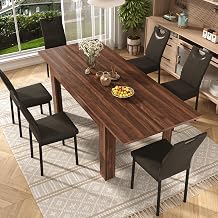 Hlivelood 59in to 86in Extentable Dining Table Sets for 6 People, 7 Piece Walnut Kitchen Table and Black Chairs Set for 6 Person, PU Leather Chair Modern Dining Room Table Sets for Home