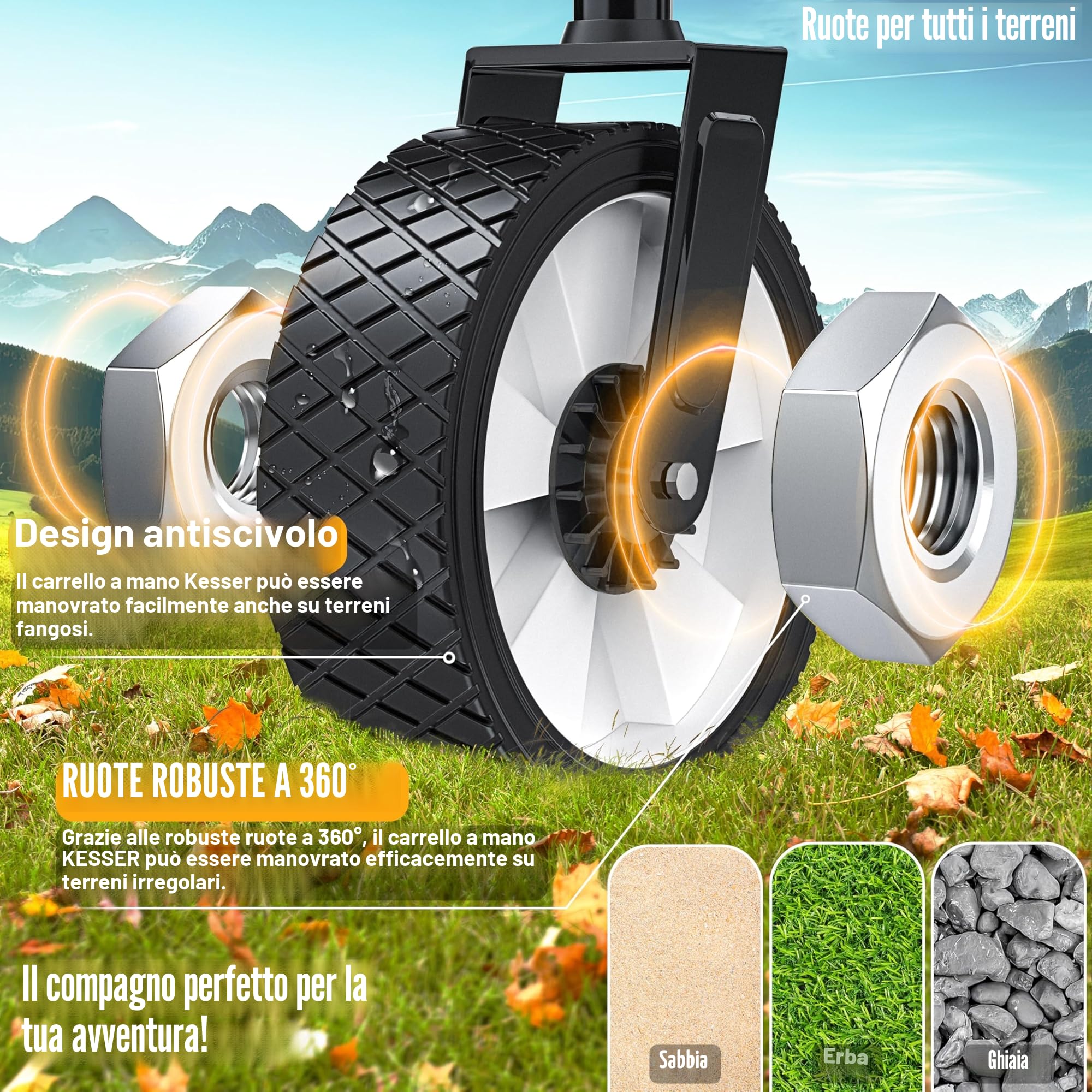 KESSER® Carrello pieghevole con tetto, carrello per attrezzi, con 2 tasche a rete e una tasca esterna, con freno anteriore, pieghevole, pneumatici in gomma piena, portata fino a 100 kg