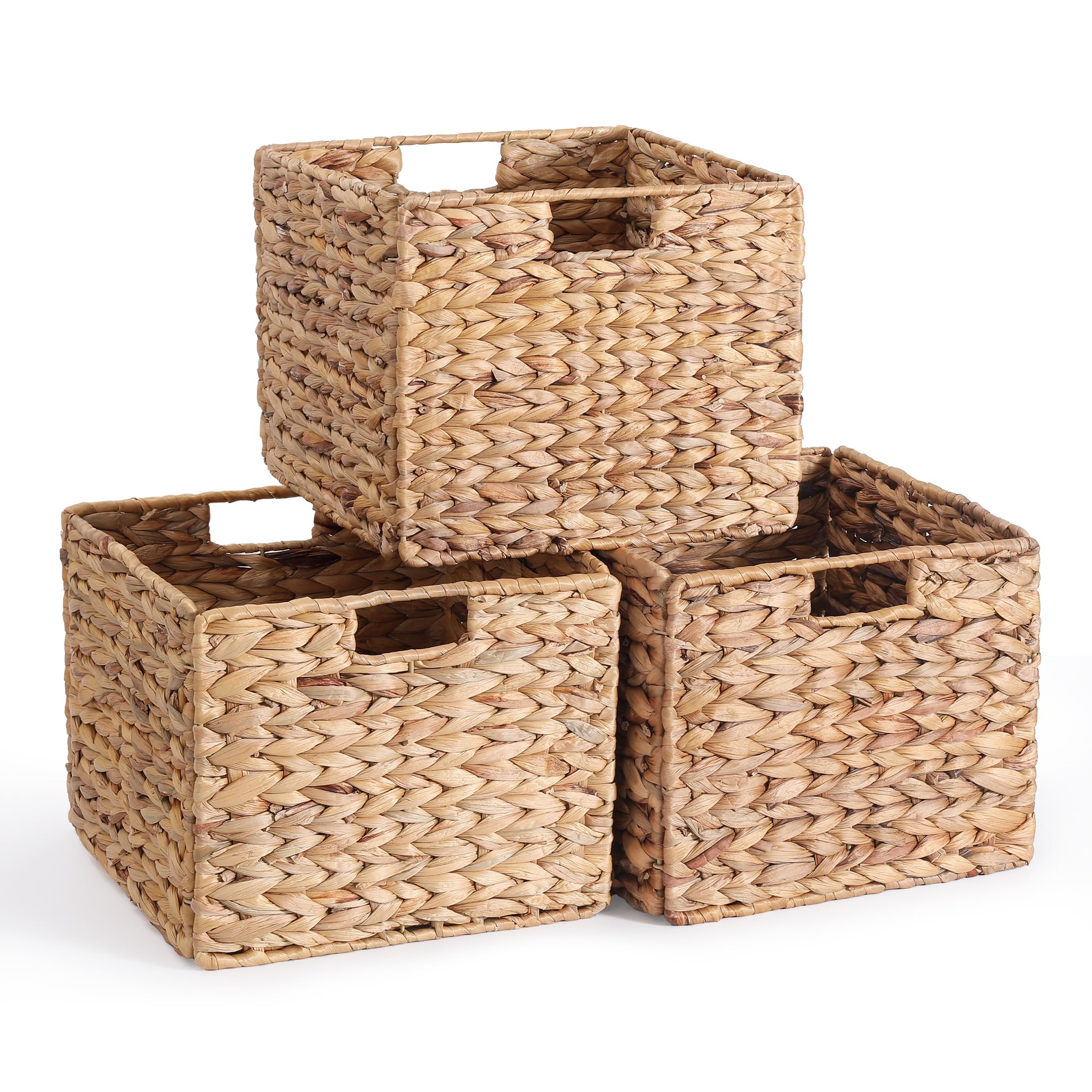Photo 1 of 12X12X10in Water Hyacinth Storage Baskets, Wicker Storage Cubes Set of 4, Foldable Wicker Baskets for Pantry Organization, Square Baskets for Shelves