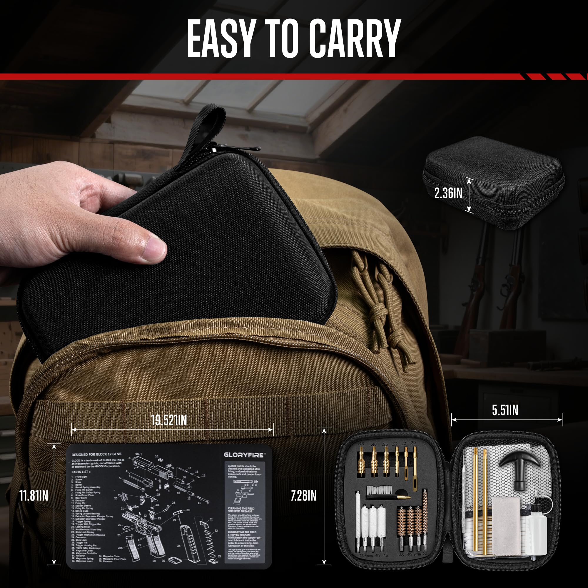 GLORYFIRE Gun Cleaning Kit Handgun Cleaning Kit Pistol Cleaning Kit .22.357/9mm.40.45 Caliber Brass Jags Tips for Hunting Shooting