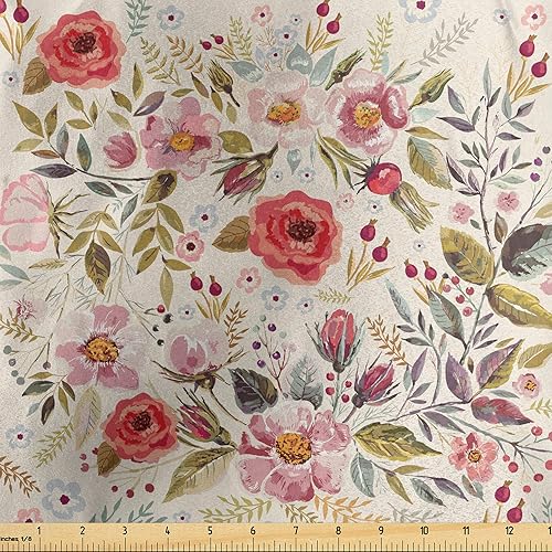 Ambesonne Spring Fabric by The Yard, Romantic Springtime Composition with Various Types of Flowers on Cream Background, Decorative Satin Fabric for