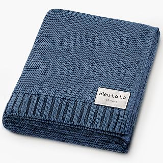 BleuLaLa Heritage Knit Organic Cotton Baby Blanket - Soft Breathable Textured Newborn Swaddle for Boys, Denim Blue