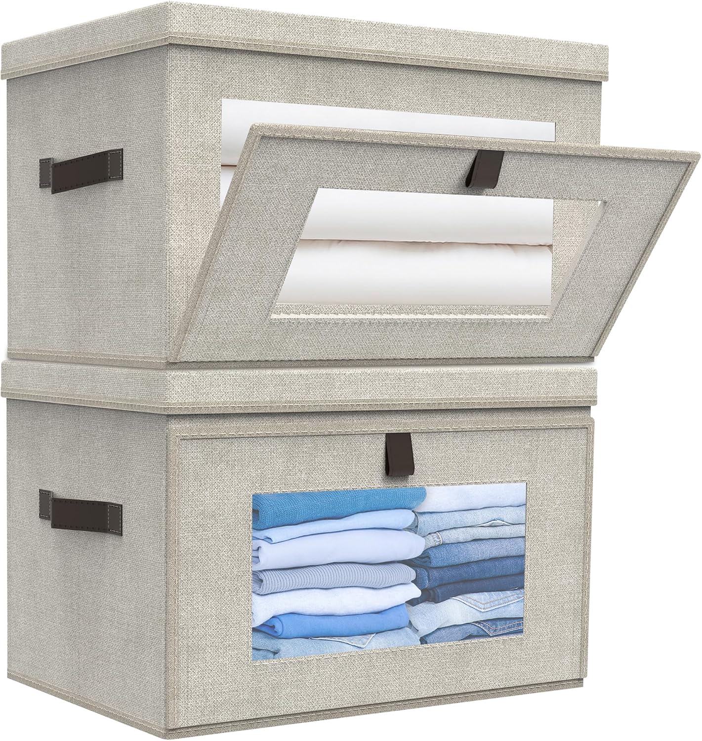 Magnetic Front Opening Fabric Storage Bins with Lids, 35L 2-Pack Beige Storage Box with Window for Closet, Shelf, Living Room, 16.9x12.2x11.4in