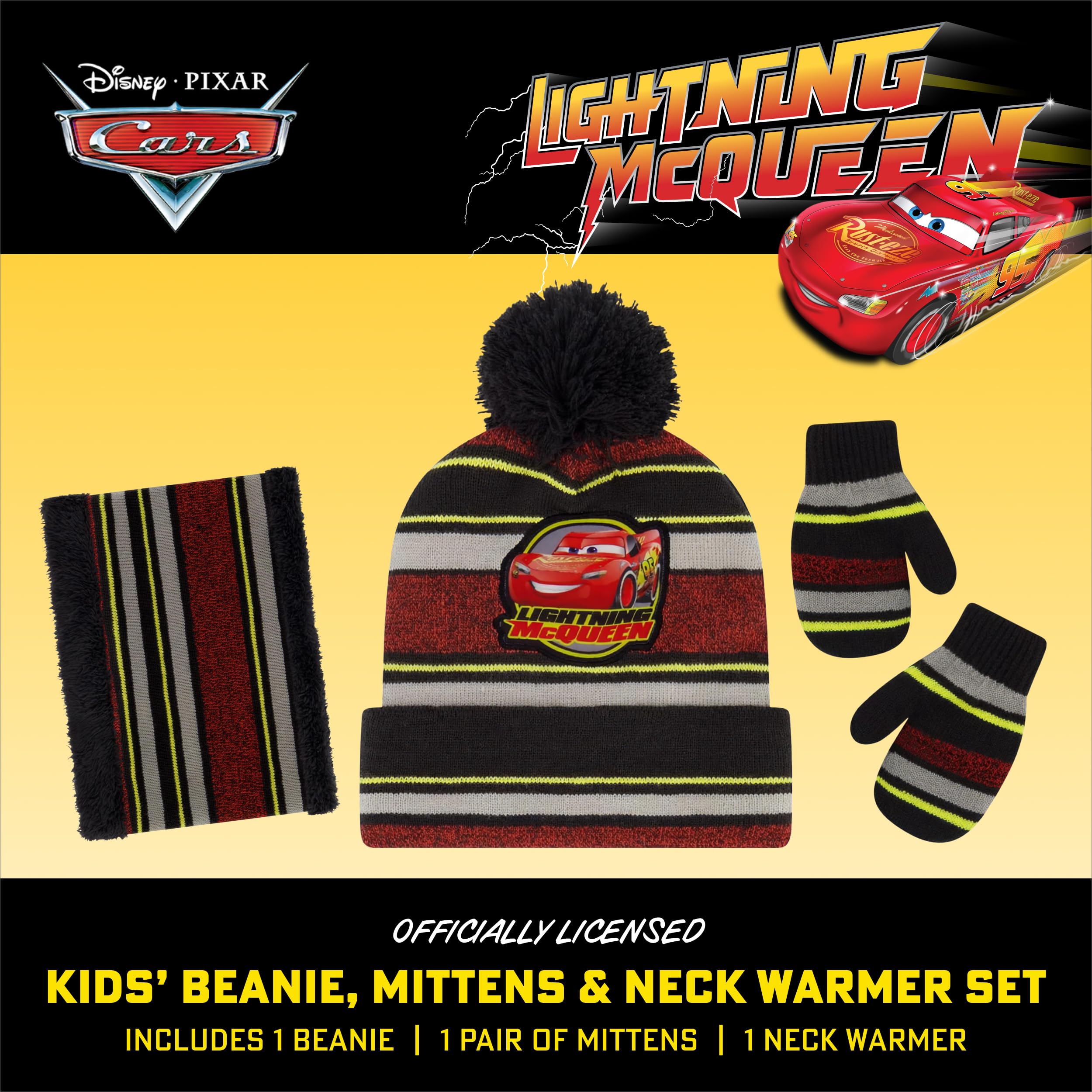 Disney Set di cappello, sciarpa e guanti invernali per bambini 2-4 o Cars Saetta McQueen cappello, sciarpe e guanti per bambini 4-7