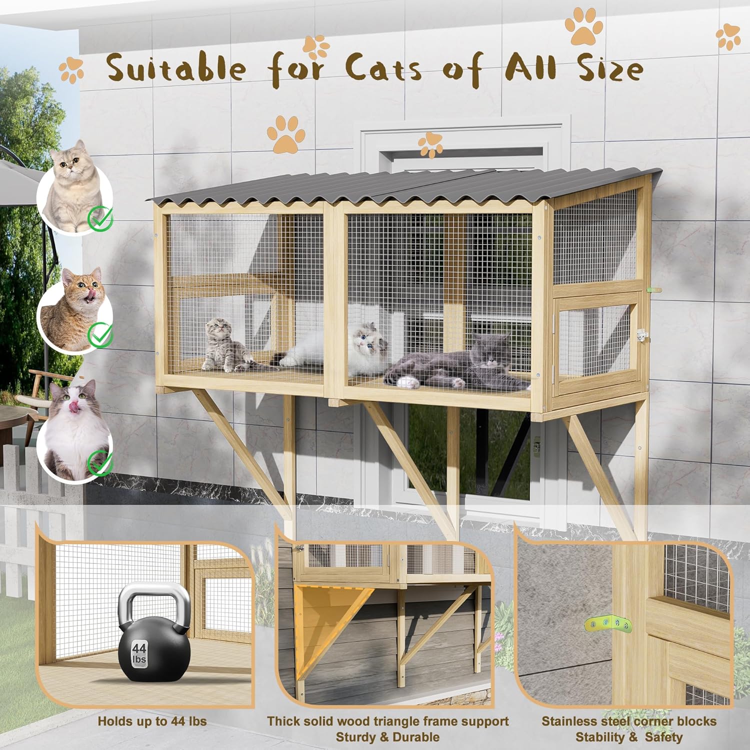 Cat Catio Window Perch for Large Cats - Outdoor Cat Enclosure Window, Catio Window Box Hommock for Inside Cats Sunbathing, Napping, Wooden Kitten Cage for Patio Sights (Burlywood, 82.6" L)