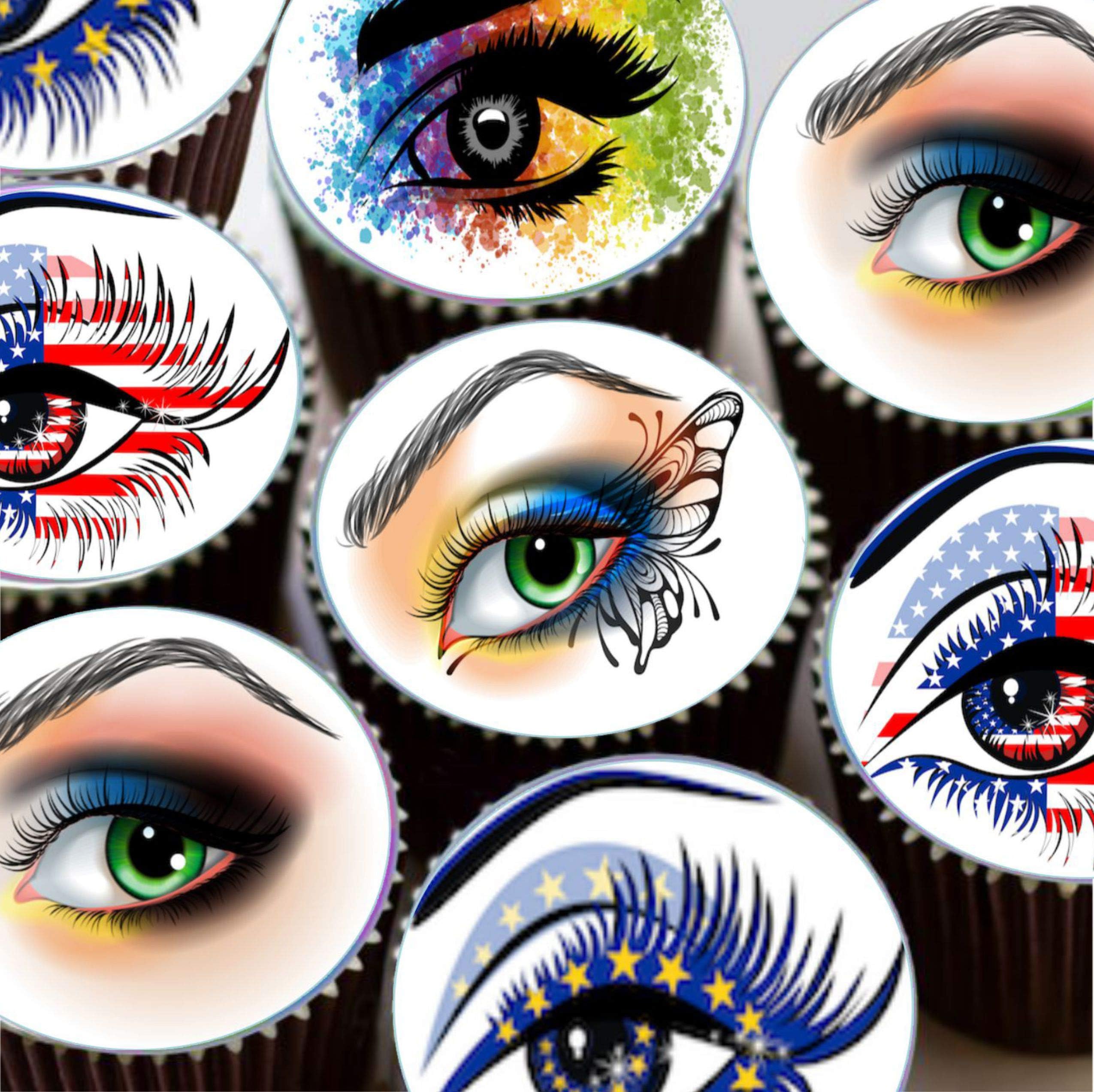 HARBETH 24 Make Up Eyes pre-cut round edible cup cake topper decorations