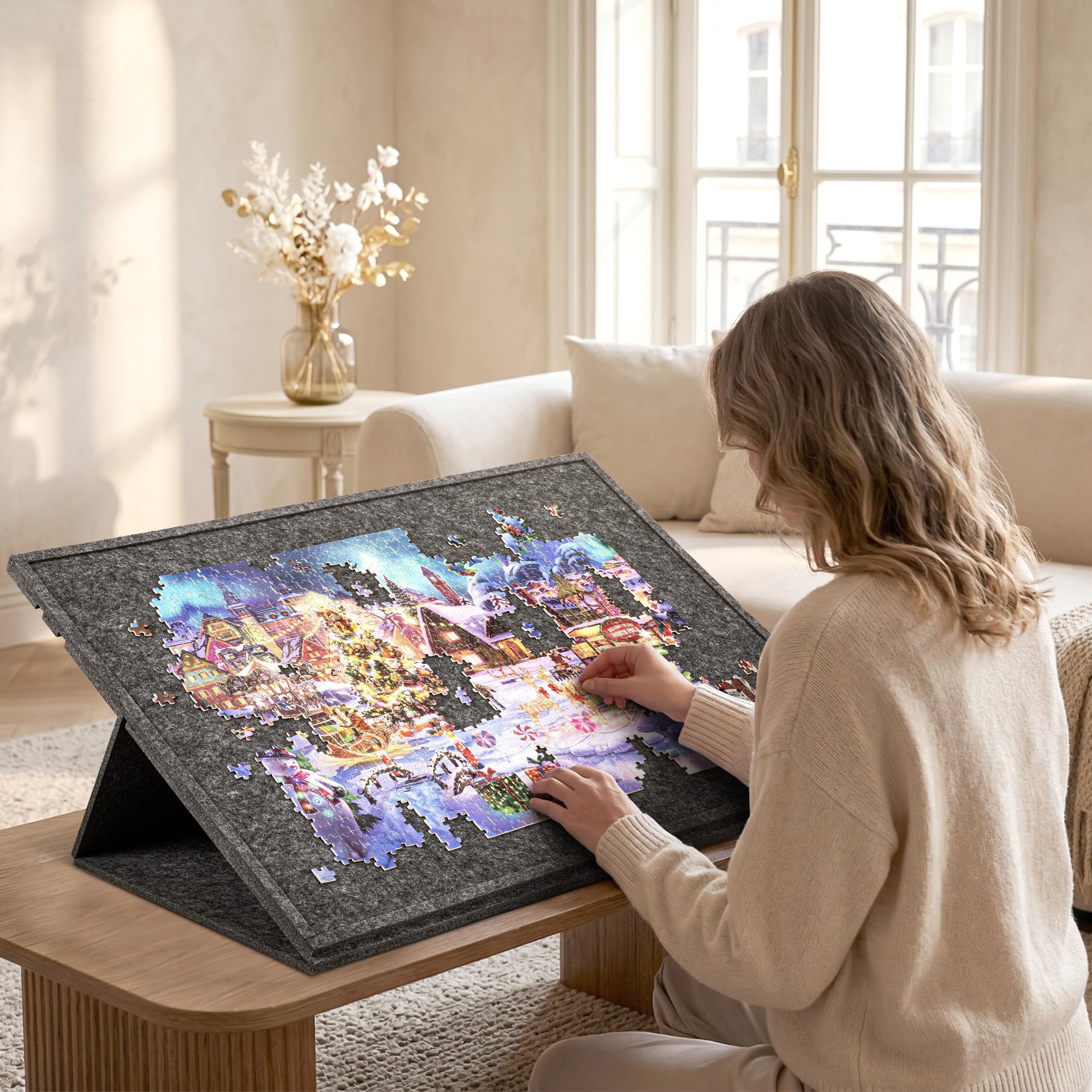 Planche de puzzle inclinable de 1500 pièces avec support et housse 2 en 1, table de rangement en feutre avec 3 angles réglables, légère et portable