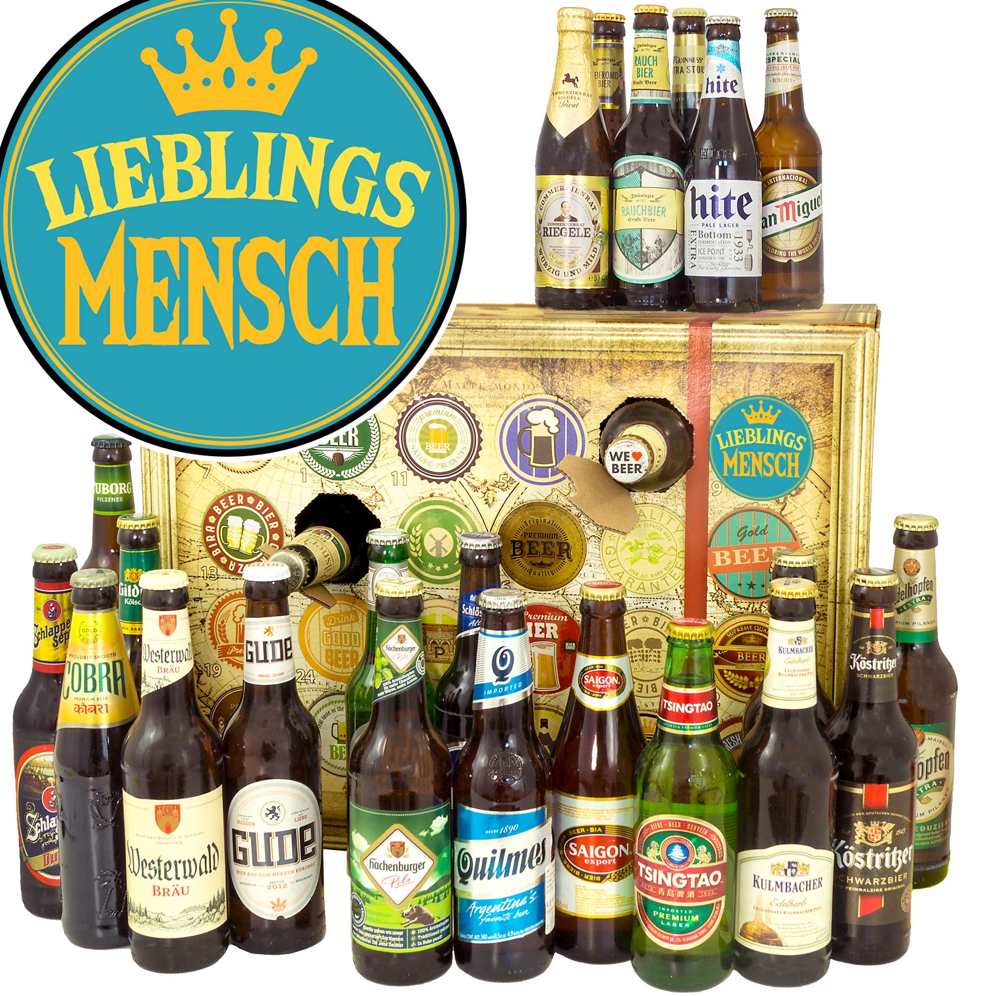 Bier Adventskalender Welt und D - 24x Biere für Lieblingsmenschen | 15 deutsche & 9 internationale Biere in edler Holzoptik-Box, mit Bierbuch