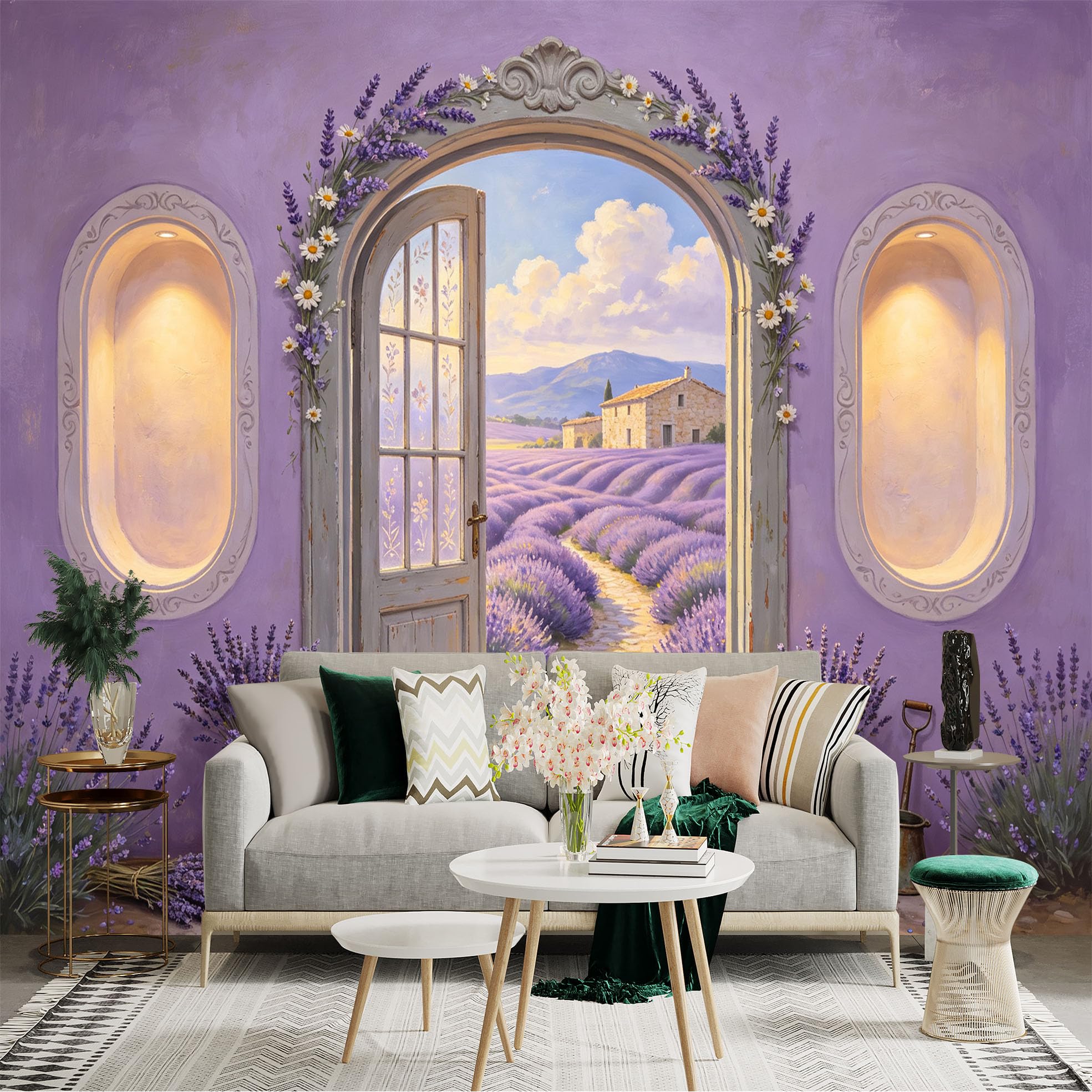Custom Size Wall Sticker Mural， Lavender Field Archway Cottage Pathway Rustic Floral Landscape， for wall Decoration， peelandstick wall Decals.