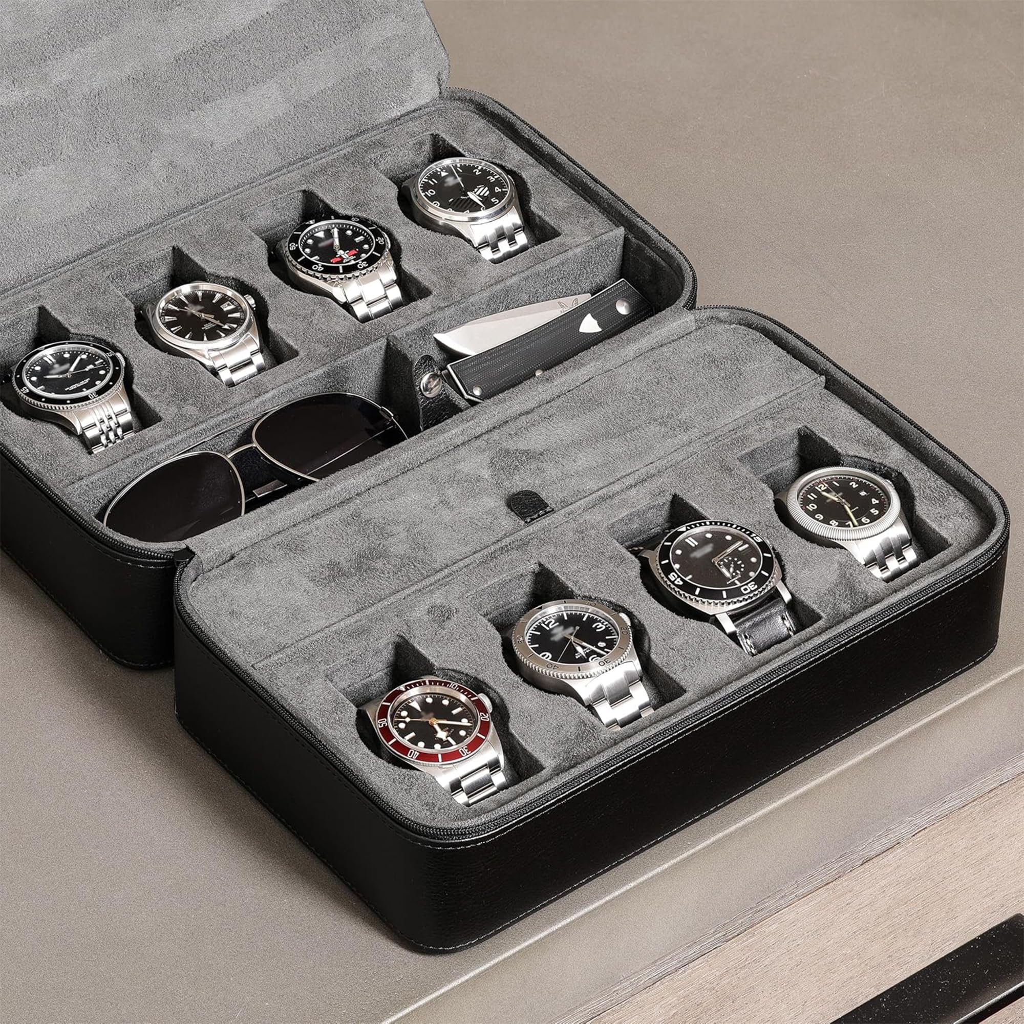 ROTHWELL Custodia da viaggio per 8 orologi, per 8 orologi, 2 paia di occhiali da sole, anelli e gemelli, resistente protezione portatile con cerniera, adatta a tutti gli orologi da polso e smartwatch