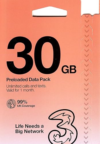 Three UK Nueva tarjeta SIM prepagada para Europa (Reino Unido) 30 GB Datos ilimitados MinutosTextos para 30 días con itineranciauso gratuito en 71