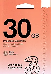Three UK New PrePaid Europe (UK Three) Tourist SIM or eSIM