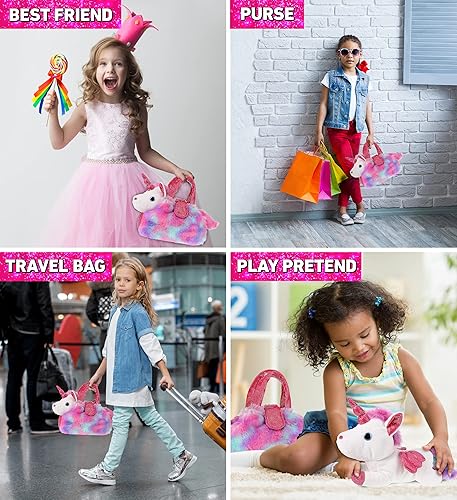 Miniatura 3 de DolliBu Transportador de mascotas de peluche de unicornio rosa de algodón de azúcar - Lindo bolso de peluche de unicornio para niñas, juguete de