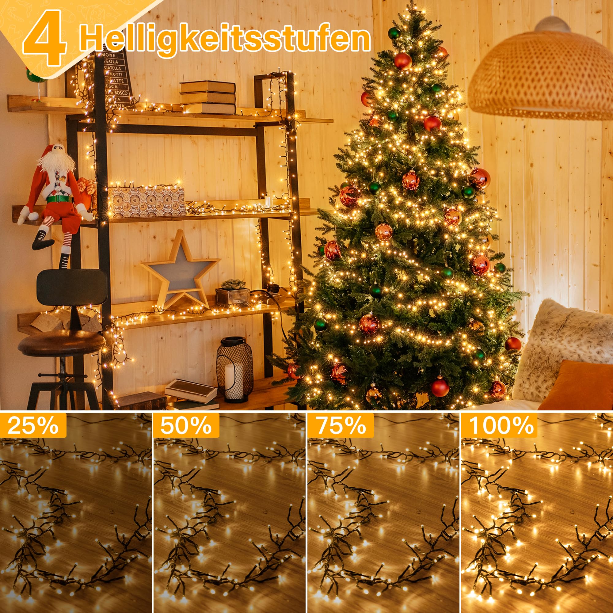 Cluster Lichterkette Weihnachtsbaum Außen 30 m 1500 LEDs, 8 Modi & Timer, Lichterkette mit Stecker & Fernbedienung IP44 wasserdicht für Weihnachtbaum Weihnachten Party Hochzeit (warmweiß)