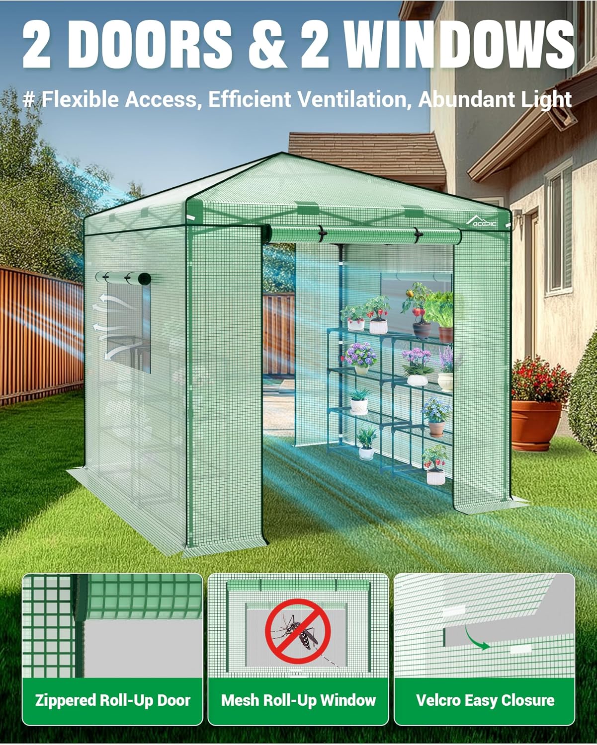 8x8 Instant Pop up Greenhouses, Indoor Outdoor Portable Greenhouse Walk-in for All Season, Small Green House with Roll-Up Zipper Doors and Side Windows, 4 Sandbags, Pe Cover, Green/Clear