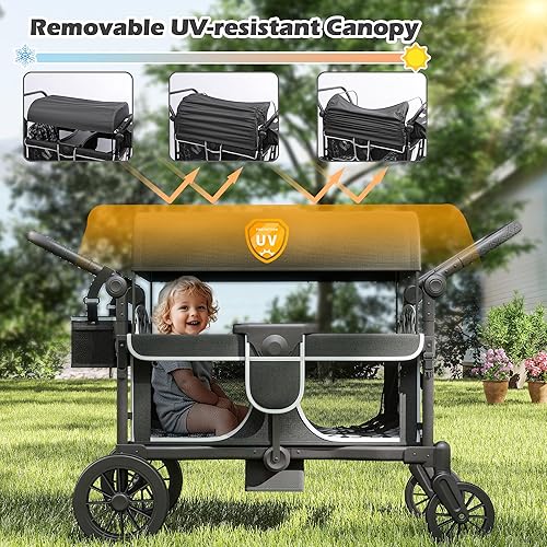 Miniatura 3 de TOLEAD Cochecito para 4 niños, plegable de 4 asientos para exteriores con toldo, manubrio ajustable, arnés de seguridad de 5 puntos, bandeja