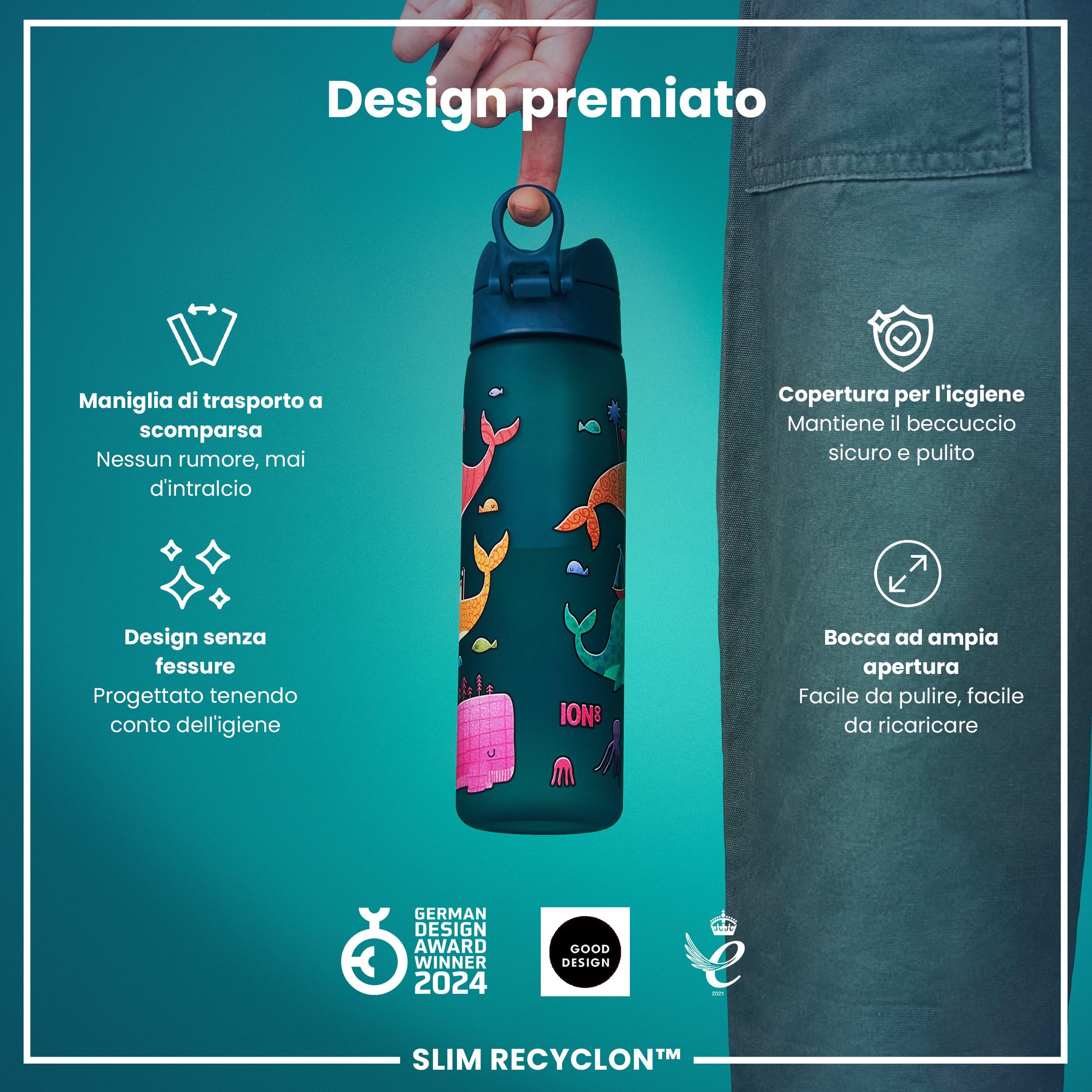 Ion8 Borraccia a Prova di Perdite, 500ml, Facile da Aprire, Serratura Sicura, Lavabile in Lavastoviglie, Senza BPA, Maniglia per il Trasporto, Adatta a Portabicchieri, Facile Pulizia, Balene