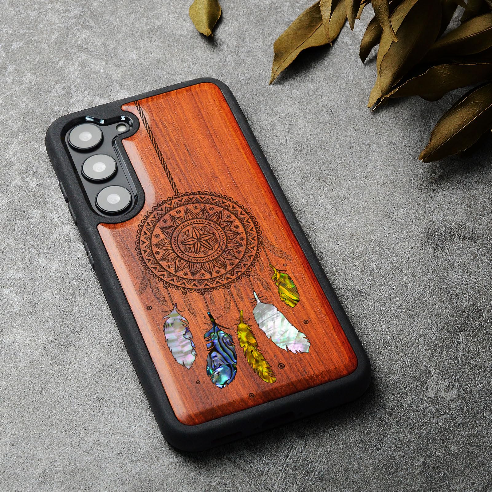Carveit Coque pour Samsung S23 Étui Bois, (Rosé-Dreamcatcher)