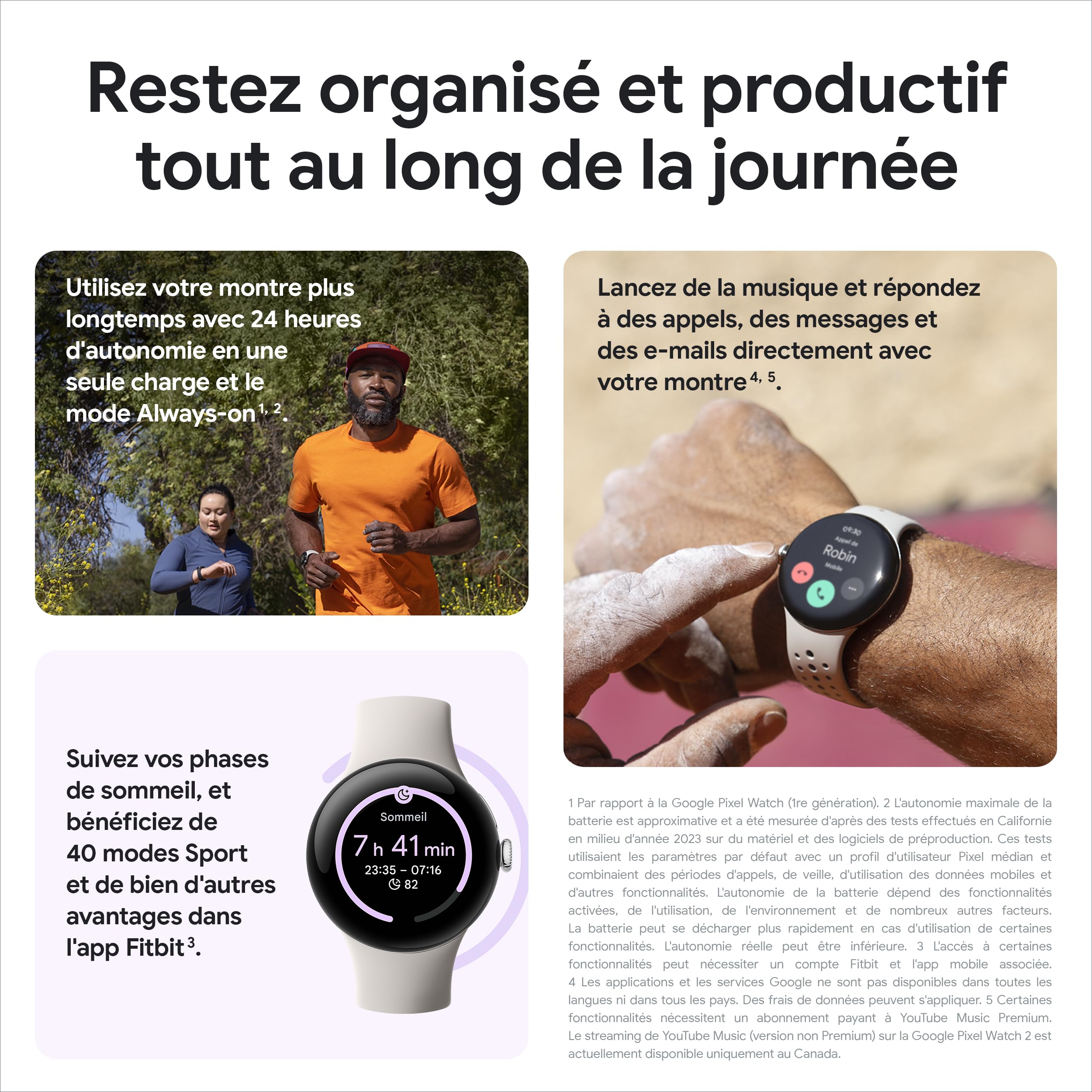 Google Pixel Watch 2 – Boîtier en Aluminium Argent Poli – Bracelet Sport Porcelaine – Wi-FI