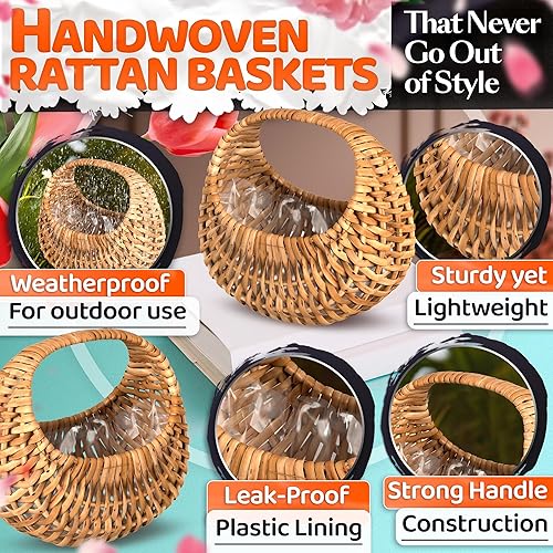 Miniatura 3 de Juego de 2 canastas pequeñas de mimbre con asa y forro impermeable (6.3 x 5.12 x 3.75 pulgadas), estilo rústico para flores de boda, dulces y
