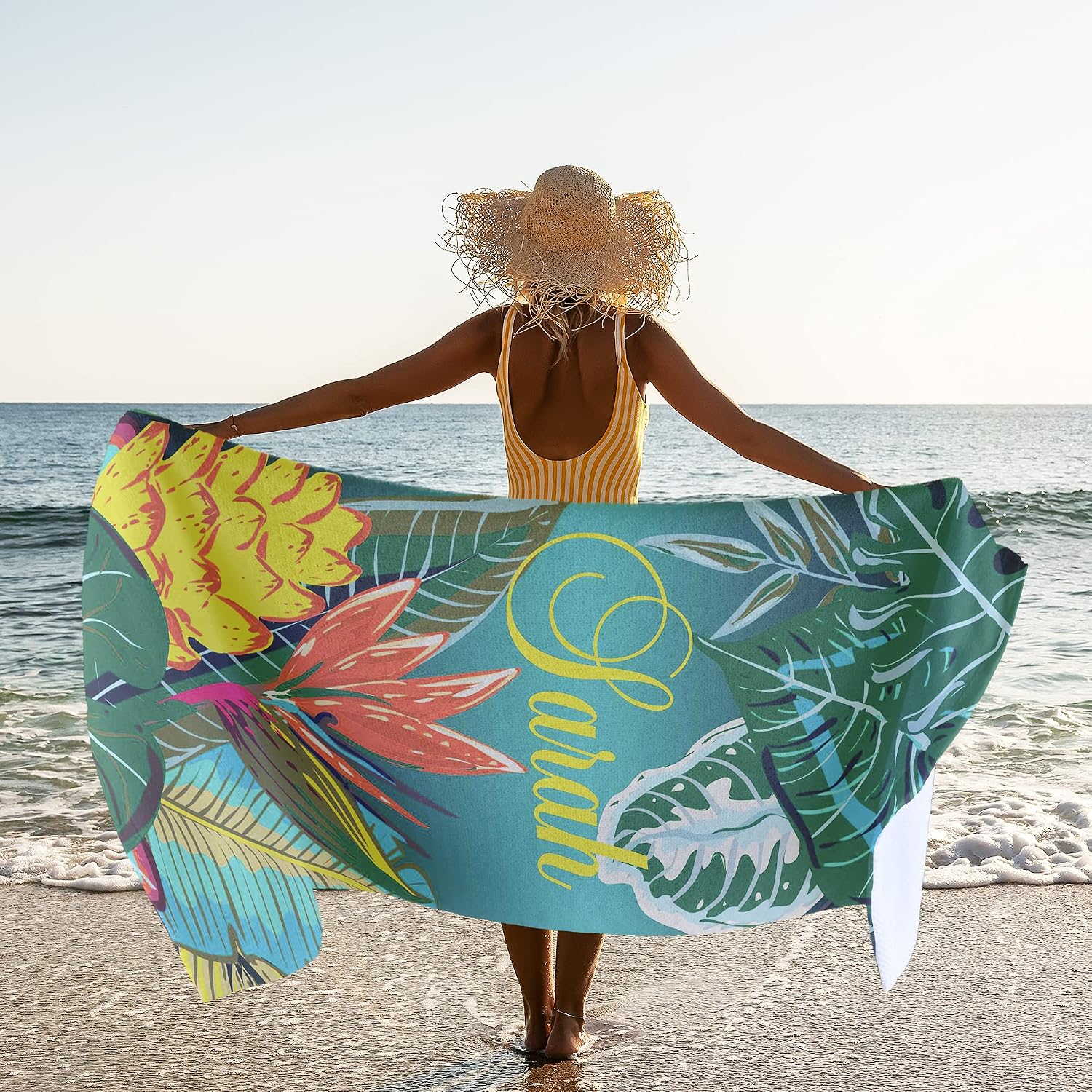 Tropical Beach Towel, Green Personalized With Names for Girls Women 30x60, Custom Sand Free Pool Towel for Kids Adults, Monogram, Bright T61