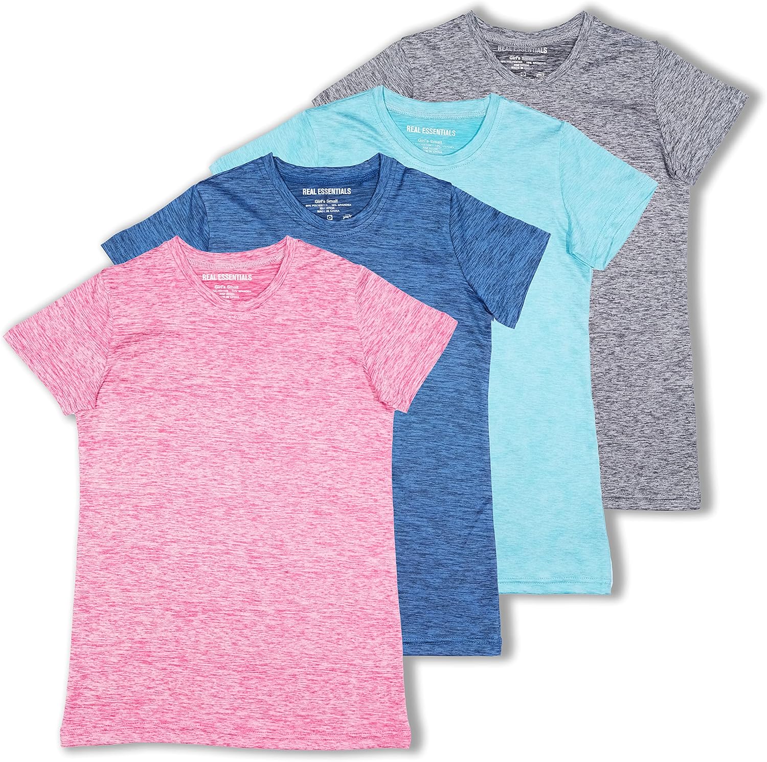 4 Pack: Girls Short Sleeve Dry-Fit Crew Neck Active Athletic Performance T-Shirt