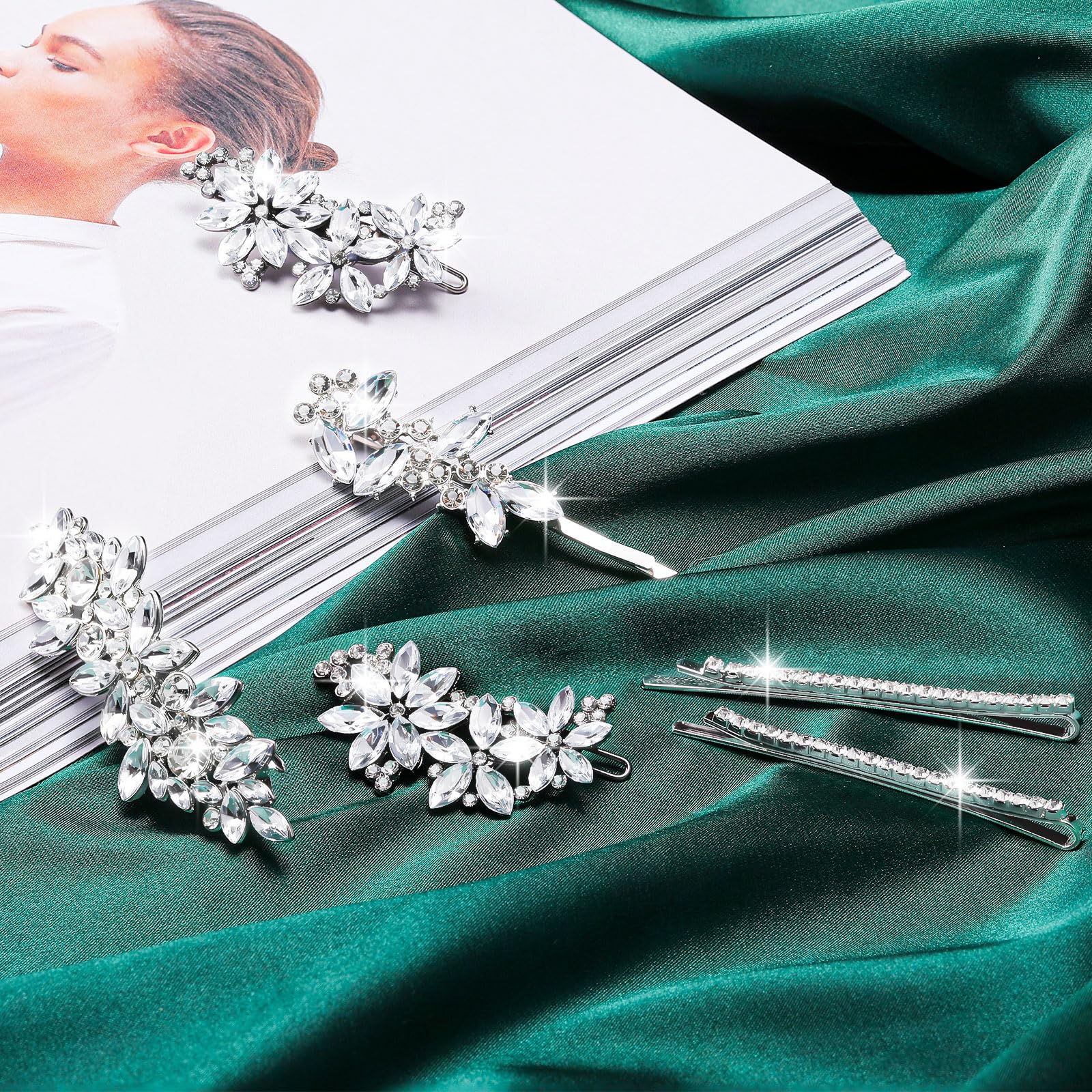 Janinka 10 fermagli per capelli da sposa con strass, forcine per capelli da sposa, forcine argentate per capelli a forma di foglia e fiore, eleganti accessori per capelli per sposa, donne e ragazze