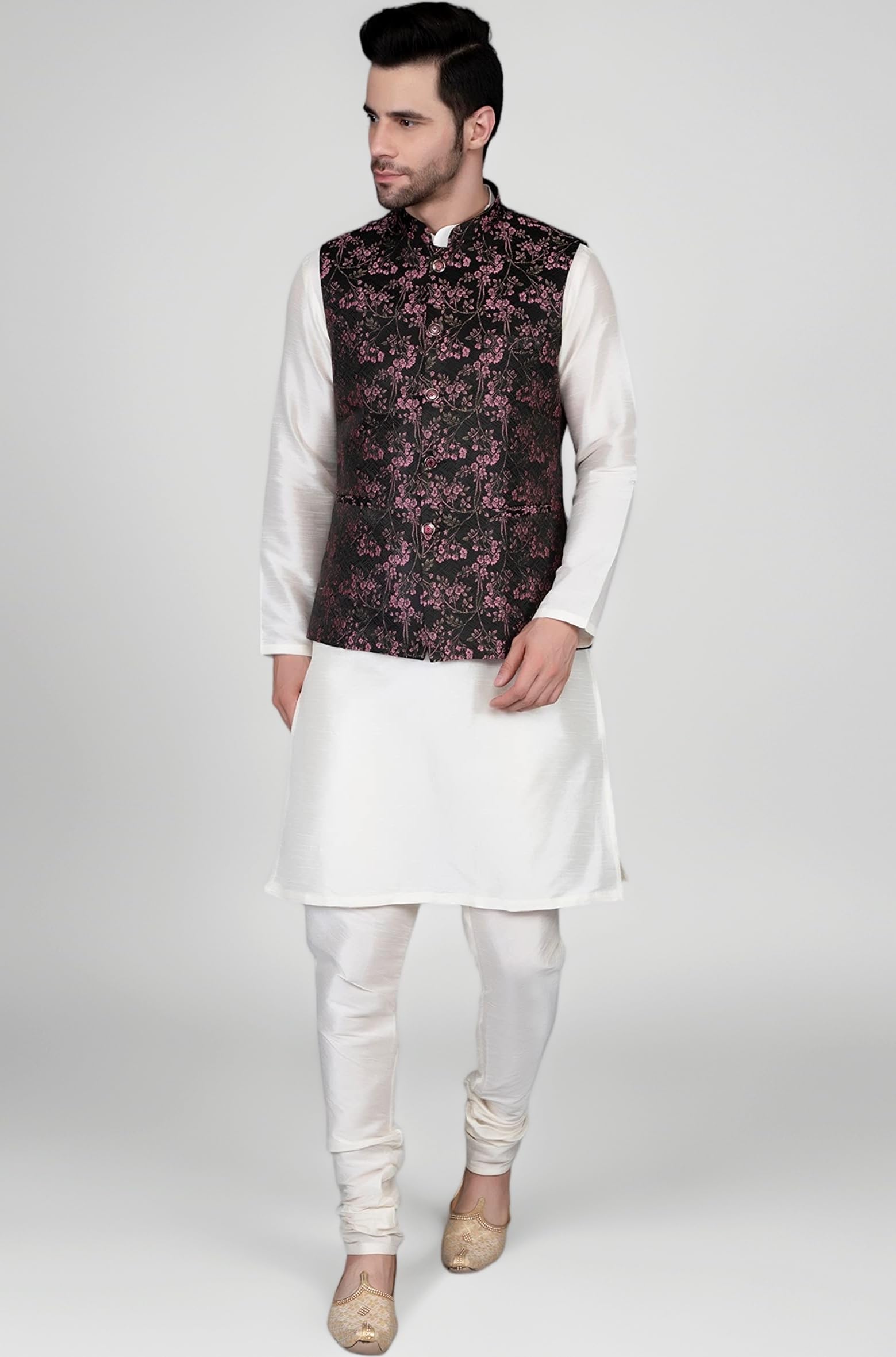 Ethluxis® Men's Silk Blend Kurta Churidar Pyjama with Ethnic Bundi Jacket Set