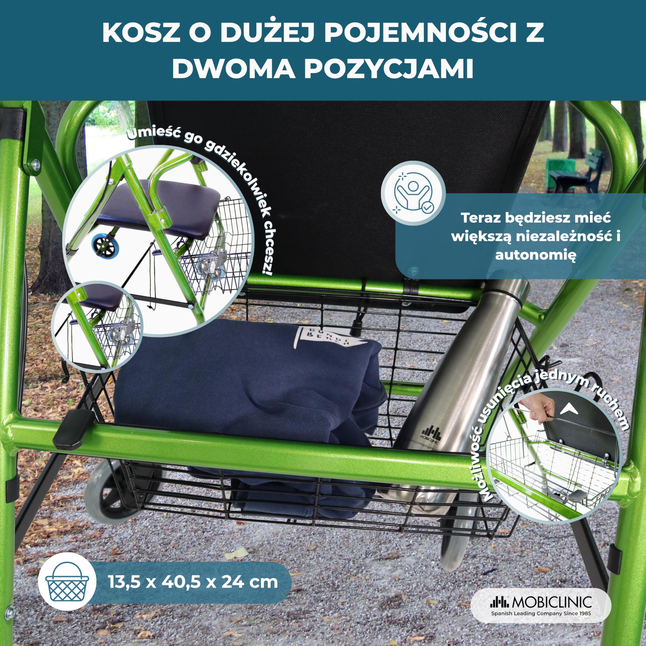 Chodzik | Składany | Aluminiowy | Hamulce na uchwytach | Siedzisko i oparcie | 4 koła | Zielony | Escorial | Mobiclinic