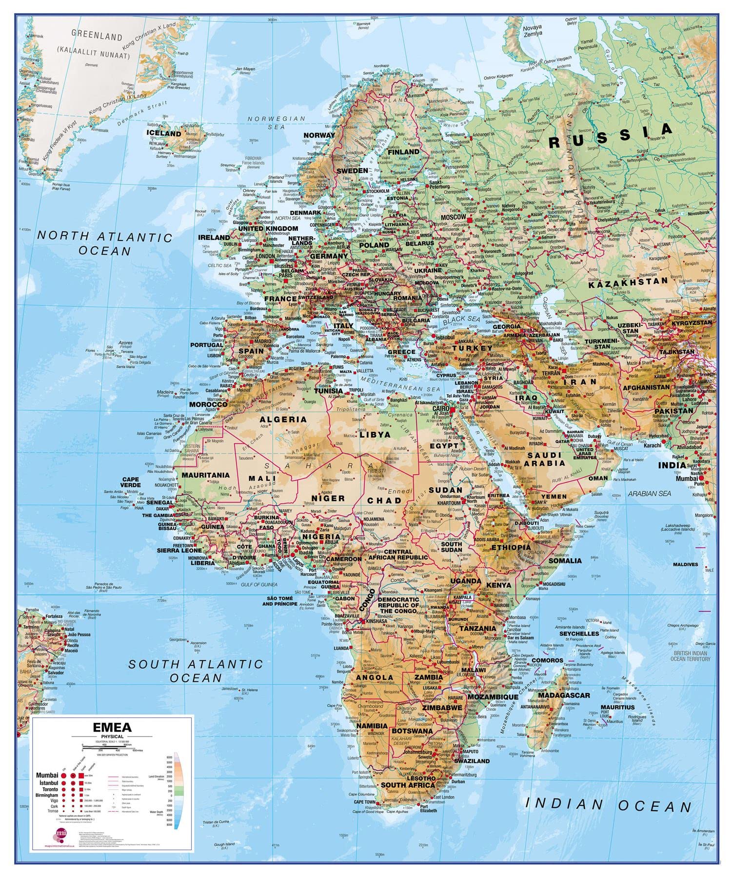 Europe Middle East Africa (EMEA) Physical Map (Paper)