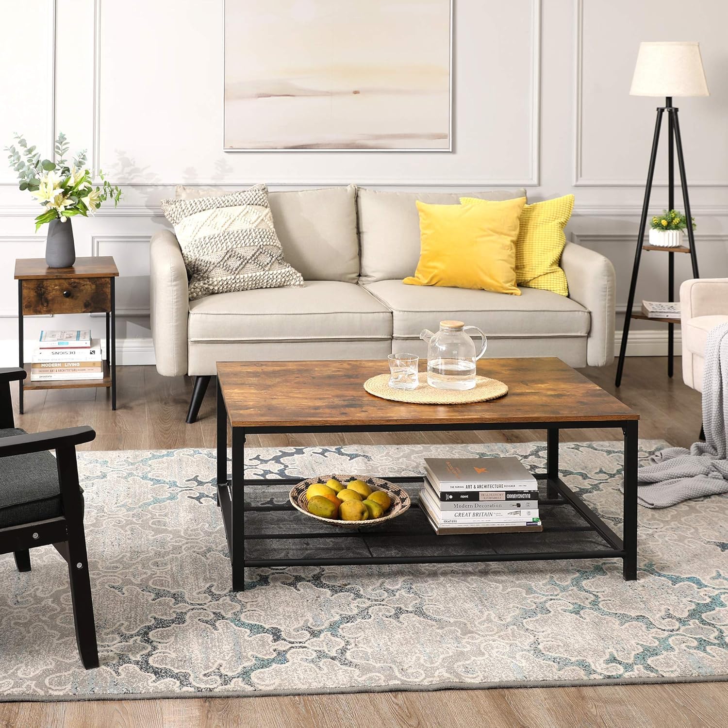 VASAGLE Set of 2 Side Tables and 1 Coffee Table Bundle, Living Room Furniture Set, Metal Mesh Shelves, Easy Assembly, Adjustable Feet, Industrial Design, Rustic Brown and Black ULCT64X and ULET24X : Home & Kitchen