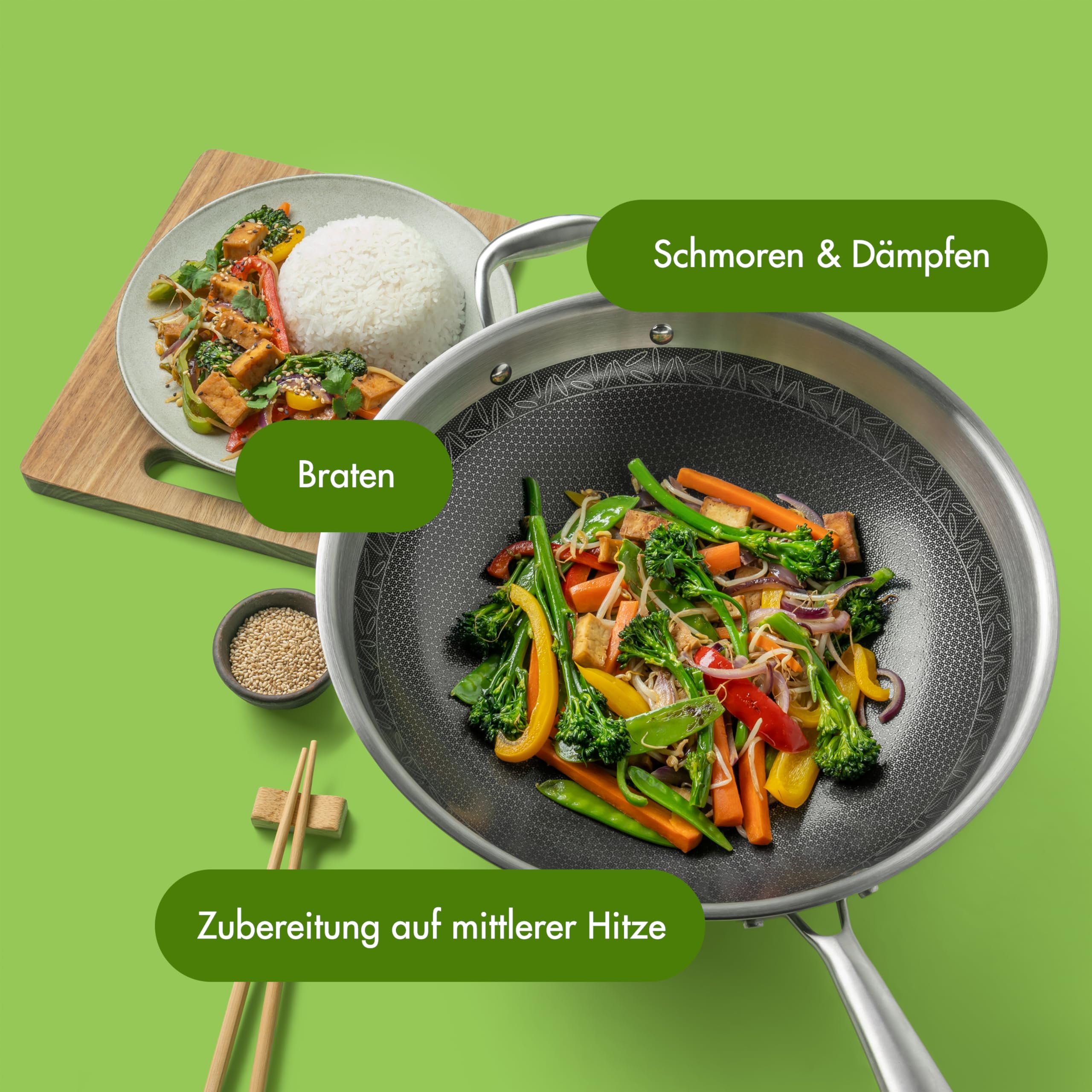 Reishunger Premium Edelstahl Wok – 28 cm Durchmesser – mit keramischer Antihaft-Beschichtung – Frei von PFAS, PFOA und PTFE – Für alle Herdtypen & den Backofen geeignet