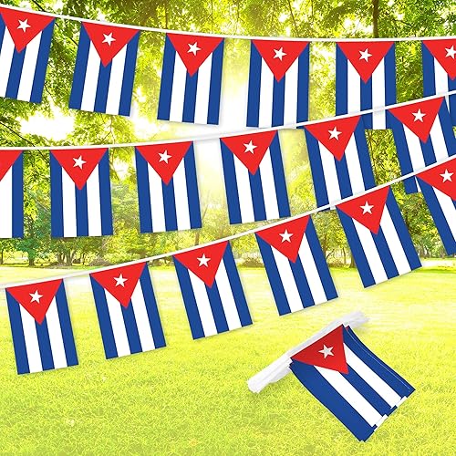 G128 Bandera cubana de 8.2 x 5.5 pulgadas, cuerda completa de 33 pies, poliéster 150D impreso, decoraciones para bar, escuela, festivales y