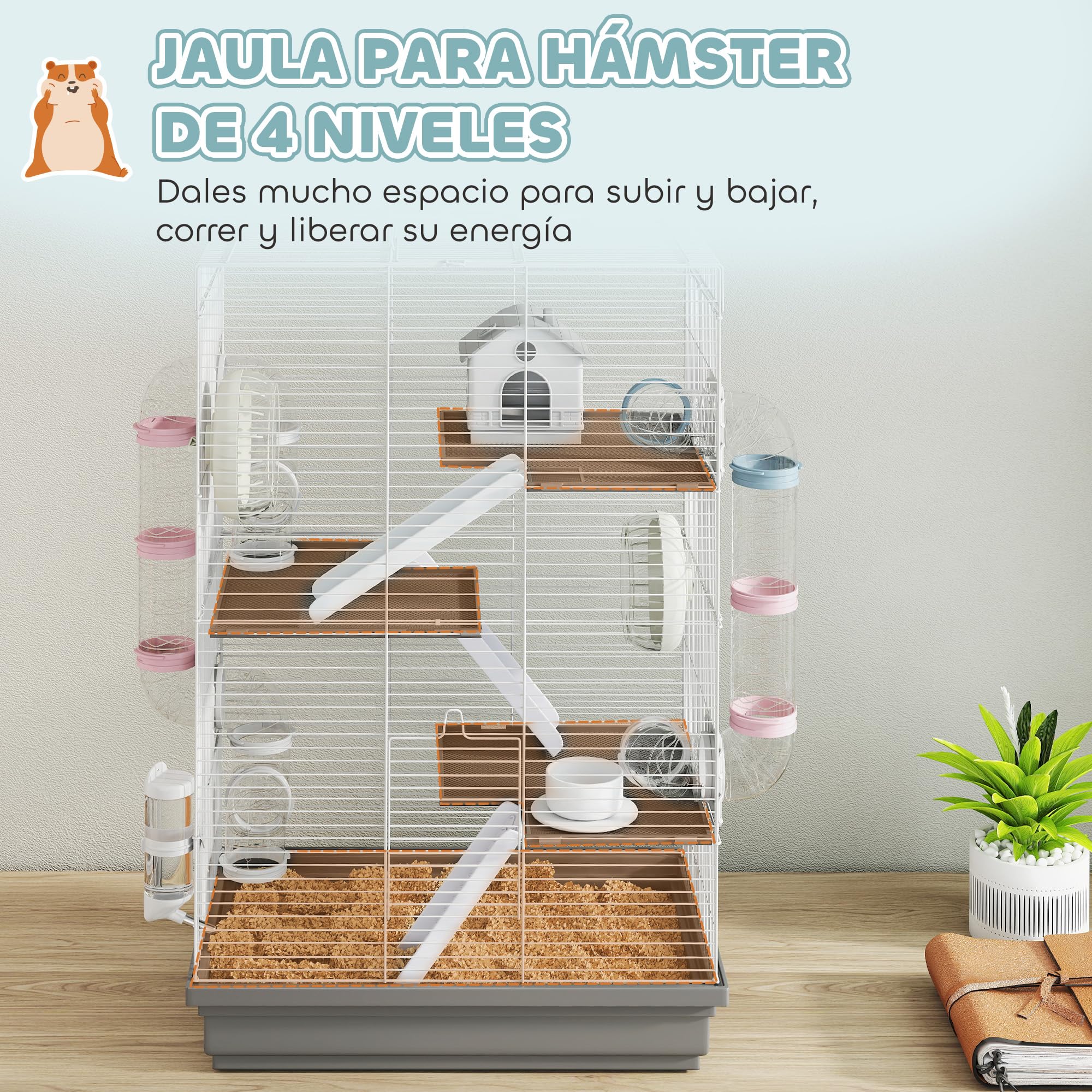 PawHut Jaula para Hámster, 47x30x70 cm, Casa para Animales Pequeños con Túnel, Plataformas, Cuenco, Bebedero, Casita, Rampas y Rueda de Ejercicio, para Hámsteres Enanos, Jerbos, Gris