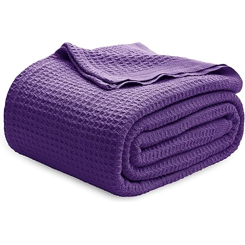 Bedsure Gentlesoft 100% Cotton Blanket King Size for Bed - Breathable and Soft, Thick Cozy Waffle Weave Christmas Blanket Gift for Women, Purple, 104x90 inches