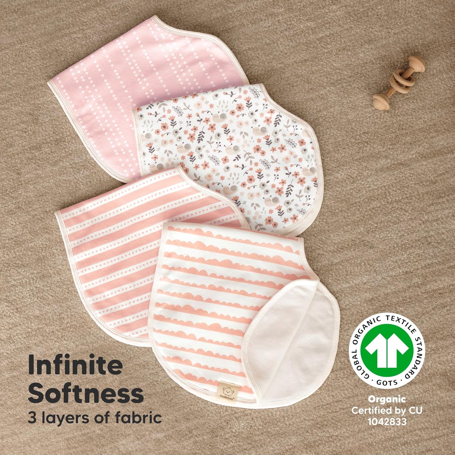 KeaBabies 4-Pack Baby Burp Cloths Baby Girl, Boy - Organic Cotton Burp Cloth, Extra Large, Absorbent, Soft Burping Cloths & Bibs Set for Babies, Newborn Burp Clothes, Thick Burp Rags (Sweet Charm) - Image 5