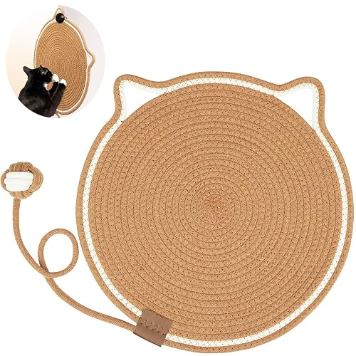 Natural Cotton Rope Scratch Pad, 15.7'' Round Horizontal Floor Scratching Mat for Indoor Cats, Furniture Protector for Wall, Couch, Carpets, Sofas
