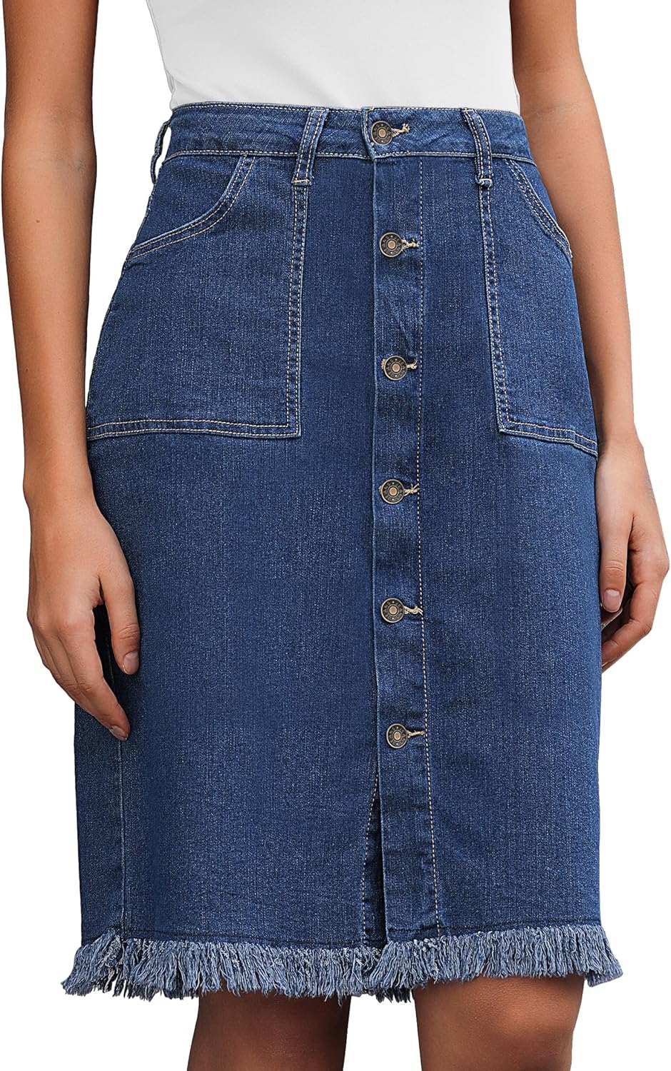 Vetinee Jean Skirts for Women Button Down Distressed Raw Hem Casual Summer Stretchy Knee Length Denim Skirt with Pockets