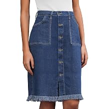 Vetinee Jean Skirts for Women Button Down Distressed Raw Hem Casual Summer Stretchy Knee Length Denim Skirt with Pockets