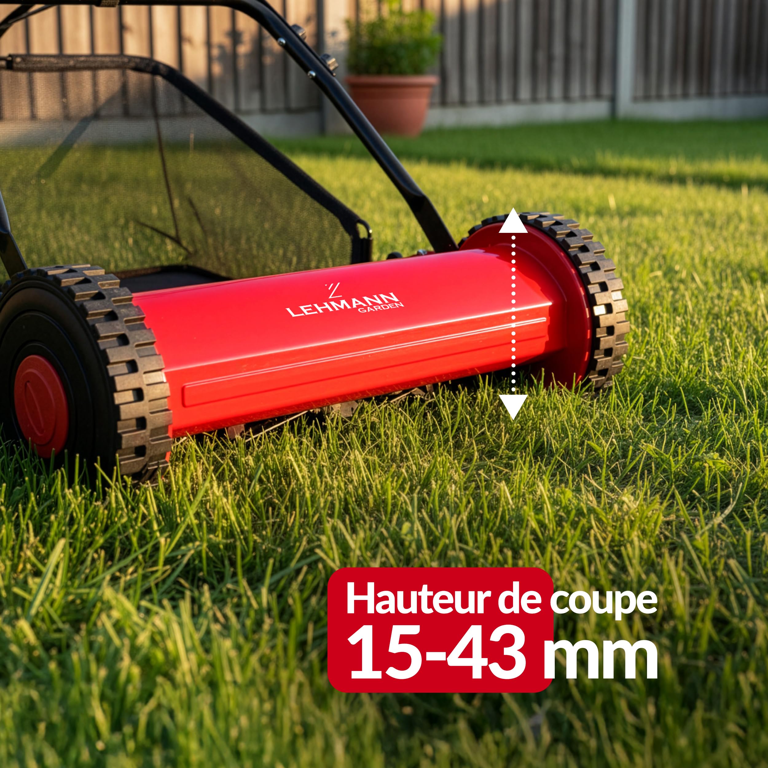 LEHMANN Tondeuse Hélicoïdale 40 cm avec bac 15 L – Tondeuse Manuelle pour pelouse sans électricité, mécanique avec 5 Lames, Hauteur de Coupe réglable 15–43 mm, poignée Pliable