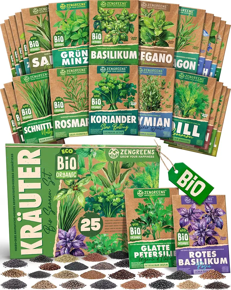 ZenGreens® - Bio Kräutersamen im 25er Set - 25 Kräuter Samen für den einfachen Anbau im Garten, Balkon oder Hochbeet - Pflanzensamen - Saatgut