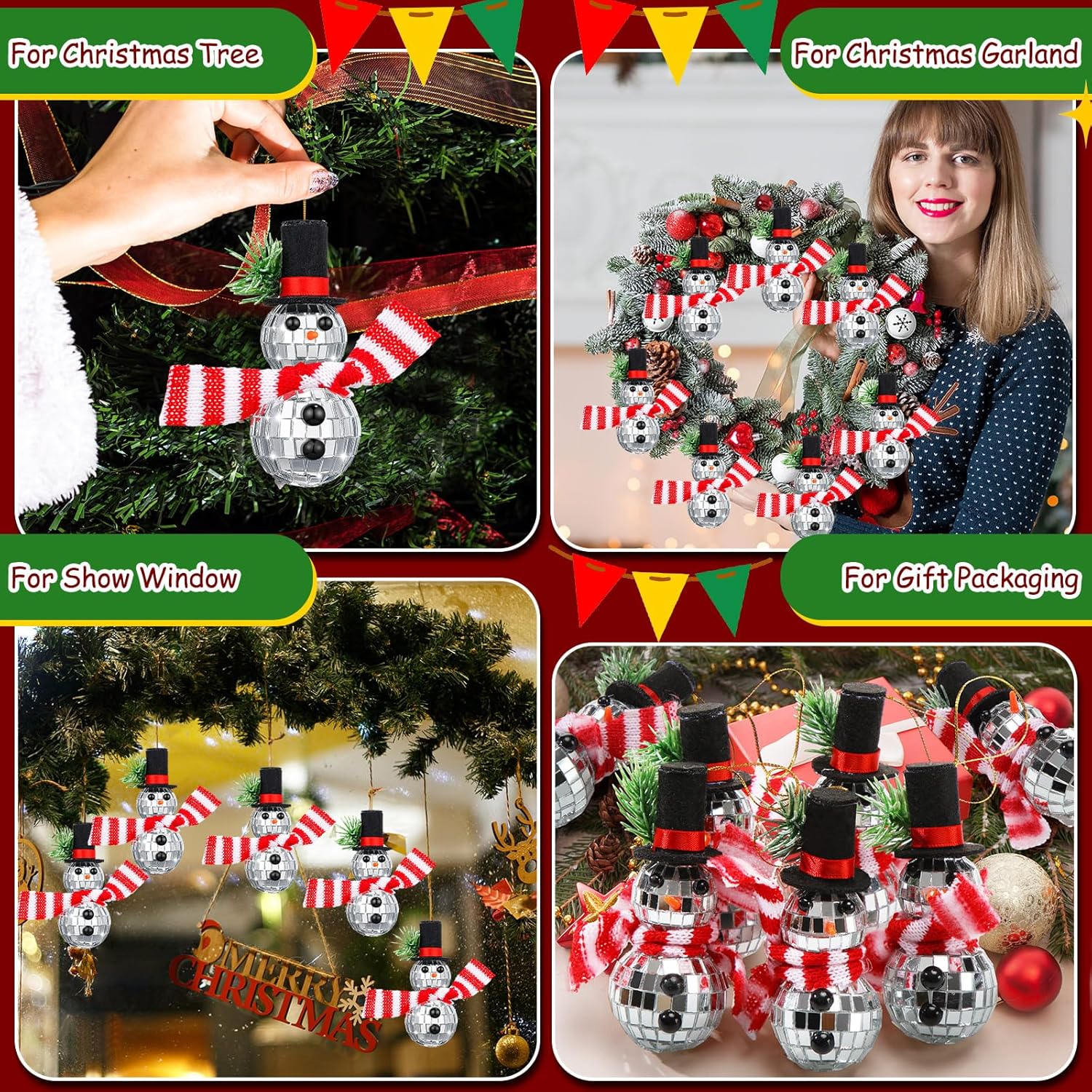 12 Pieces Christmas Snowman Hanging Disco Ball Decorations Reflective Mirror Snowman Hanging Ornaments with String Hats Disco Ball Decor for 70s Disco Themed Xmas Tree Wedding Party Supplies