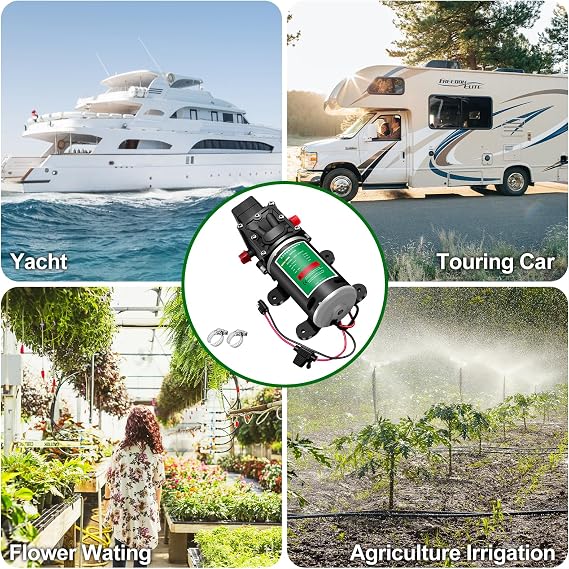 Water Pump 12V DC Diaphragm with Adjustable Pressure Switch 6L/Min 1.56GPM Self Priming Sprayer Pump with 2 Hose Clamps 100PSI Agriculture for RV Camper Marine Boat Garden Lawn