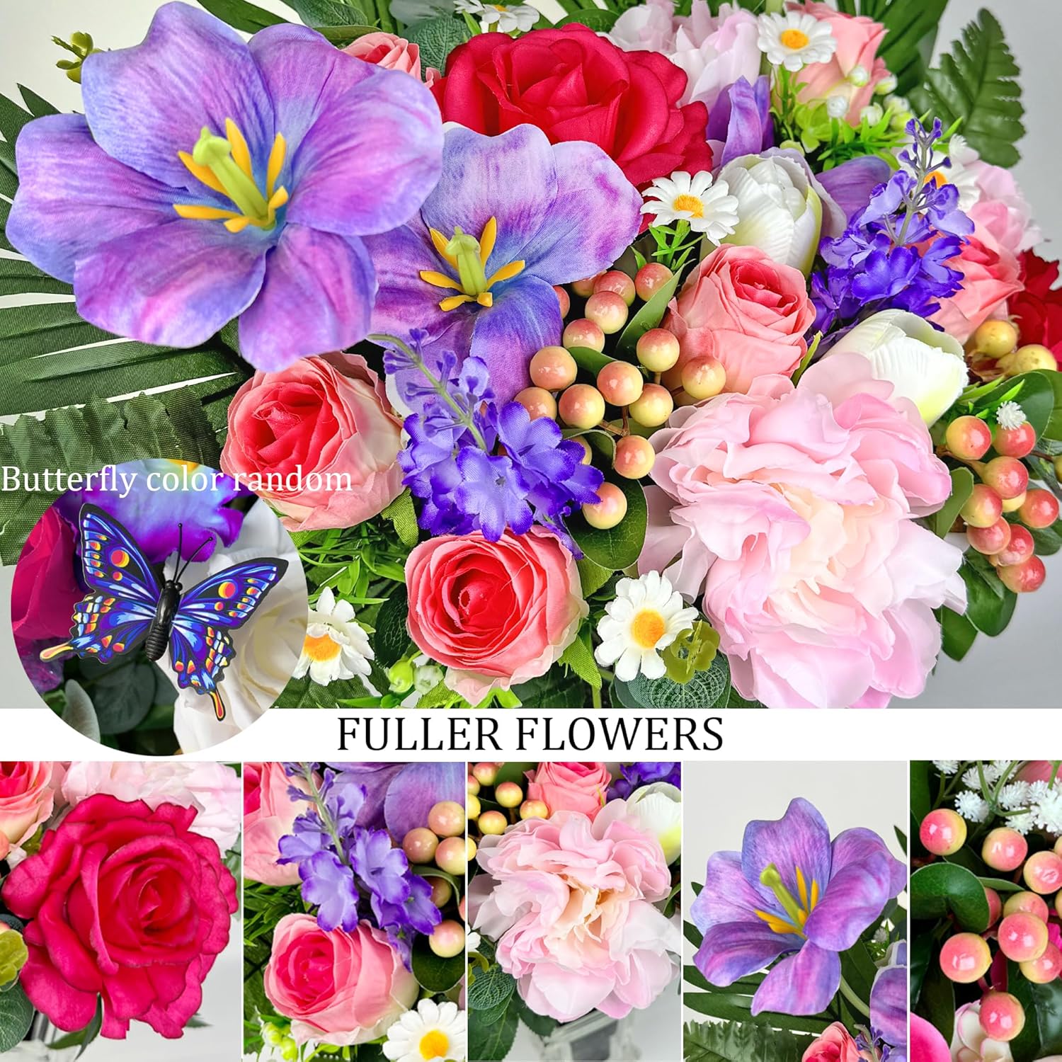 Artificial Cemetery Flower for Grave, Silk Grave Flower for Headstone Tombstone Decoration - Rose Hibiscus Tulip,Easy Fit and Colorfast