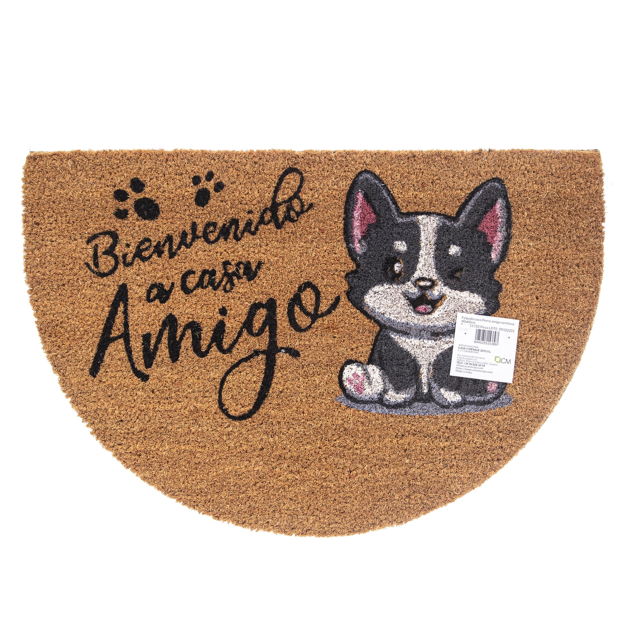 TWO TIGERS Felpudo de Coco Natural con Base Antideslizante, Absorbente para la Entrada de casa, Puerta Exterior o Pasillo. 3 tamaños y Varios diseños Disponibles (Semiluna 60x40cm, Perro Amigo)