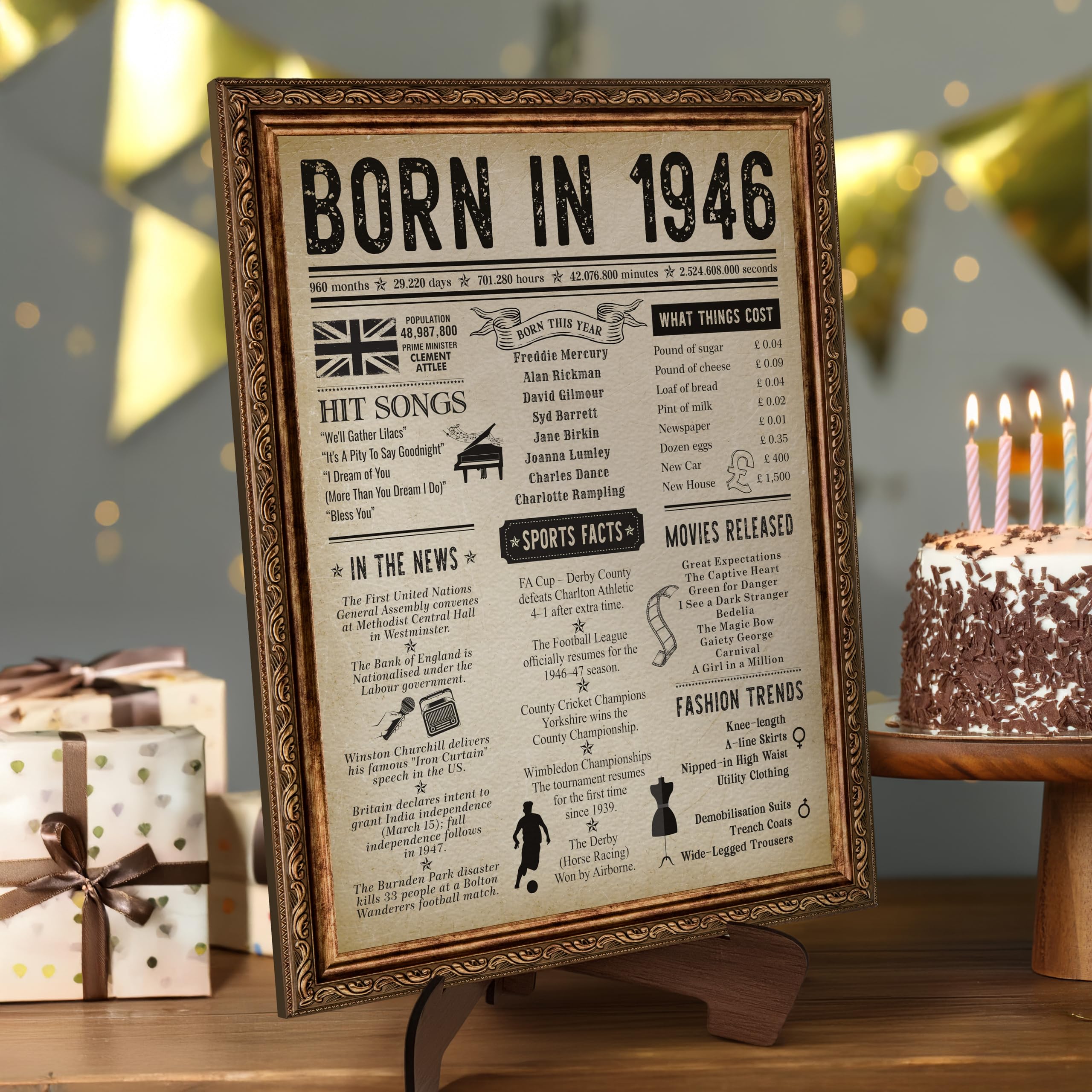 CROWNLY CRYSTAL® Born in 1946 Retro Wall Art 80th Birthday Gift Vintage Wall Art Retro Home Decor UK Facts Print British History Year You Were Born 1946 Poster